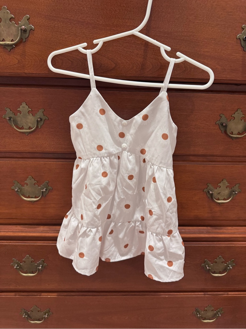 Girls' White Spaghetti-Strap Dress with Tan Polka Dots